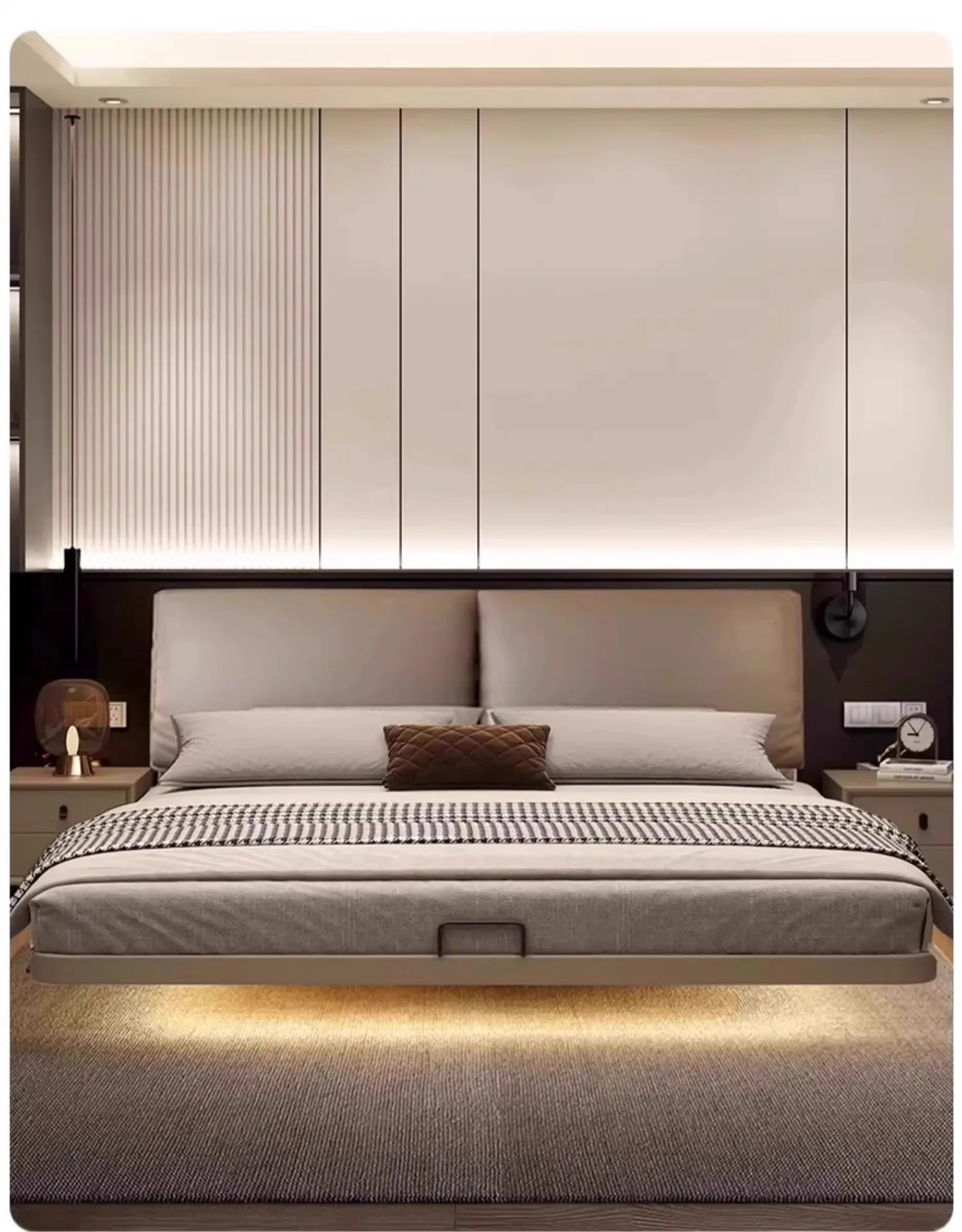 Modern Levitation Genuine Leather With Lamp Double Bed 2 People Full Size Bed Frame 150x200 180x200 Cm Beds Bedroom Furniture