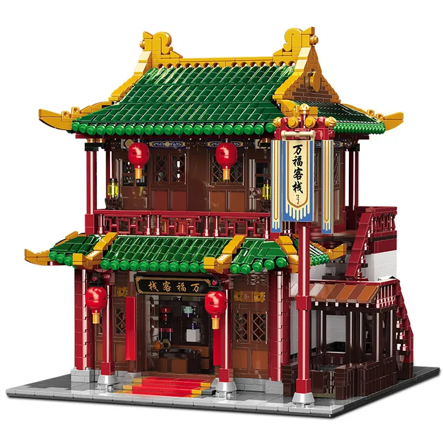 Chinatown City Street View Architecture China Hotel Build Block Streetscape Inn Gasthaus Model Bricks Figures Assemble Toys 1