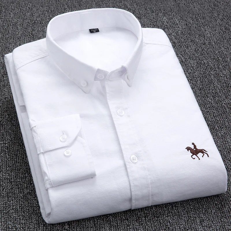 

Cotton Oxford Shirt For Mens LongSleeve Plaid Striped Casual Shirts Male Pocket Regular-Fit Button-Down Work Man Shirt S~6XL