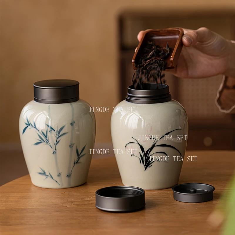 550ml Hand Drawn Orchid Ceramic Tea Sealed Jar with Grass and Ash Chinese Style Tin Lid Moisture-proof Large Storage Jar