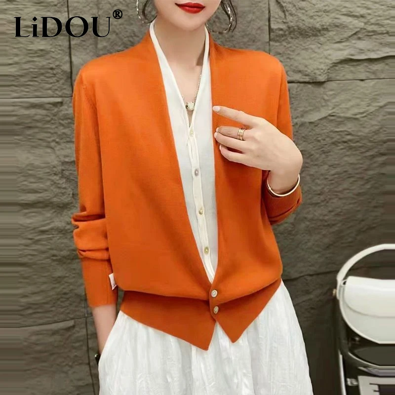 

Spring New Fashion Contrast Color V-neck Long Sleeve Fake Two Pieces Knitting T-Shirts Women Single Breasted All-match Cardigan