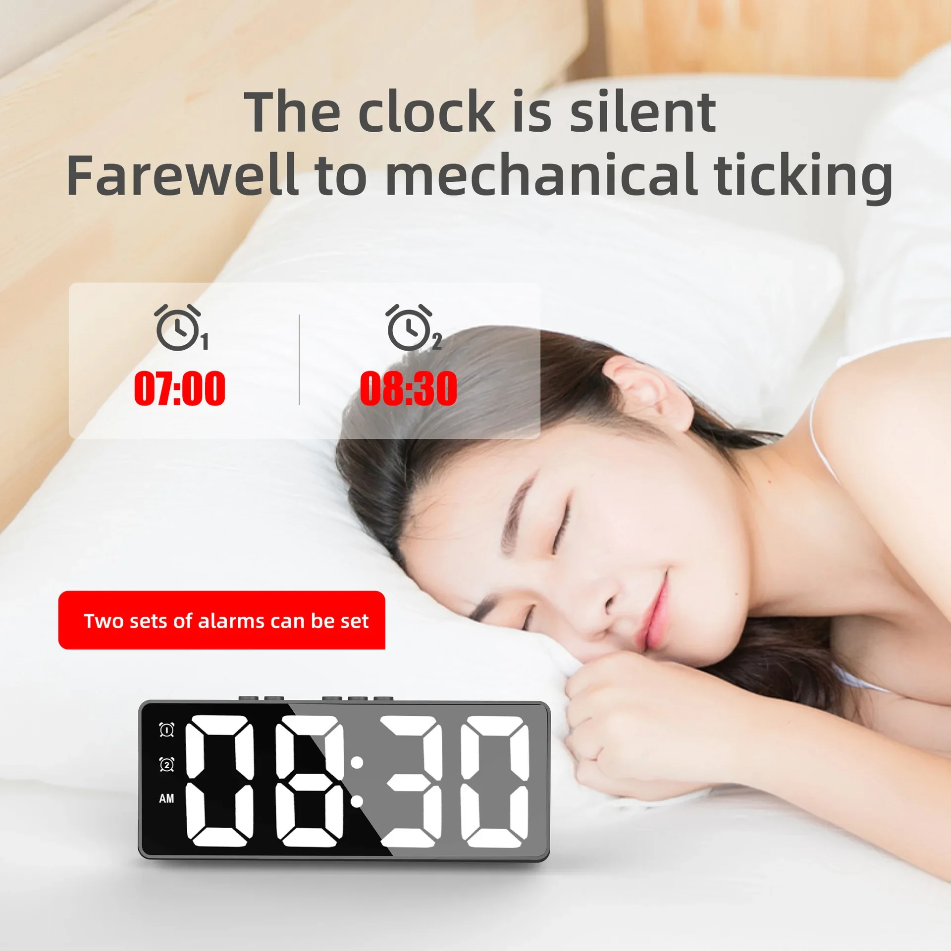 LED Mirror Digital Alarm Clock with Snooze and Time Display