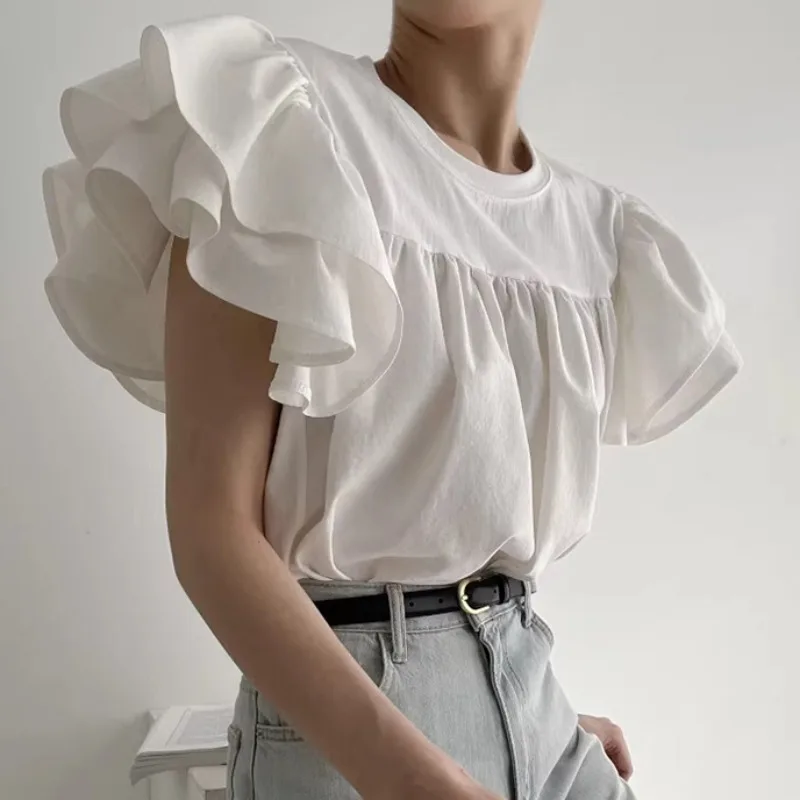 

Korean White Shirts for Women O-neck Butterfly Sleeve Ruffles Tshirts Fashion Sweet Casual Tops Female 2024 Ropa Mujer Summer