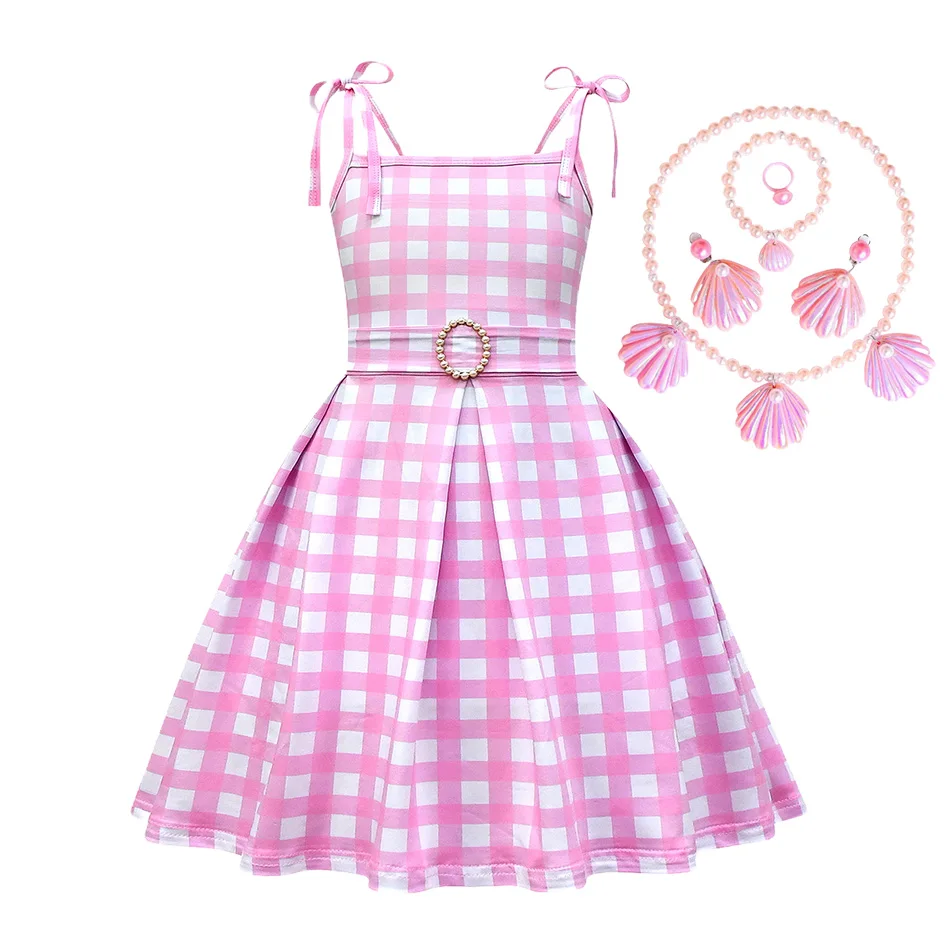 

3-12Y Girls Pink Lattice Princess Dress Fashion Plaid Sweet Kids Cosplay Dresses Beach Outing Leisure Dress Halloween Party