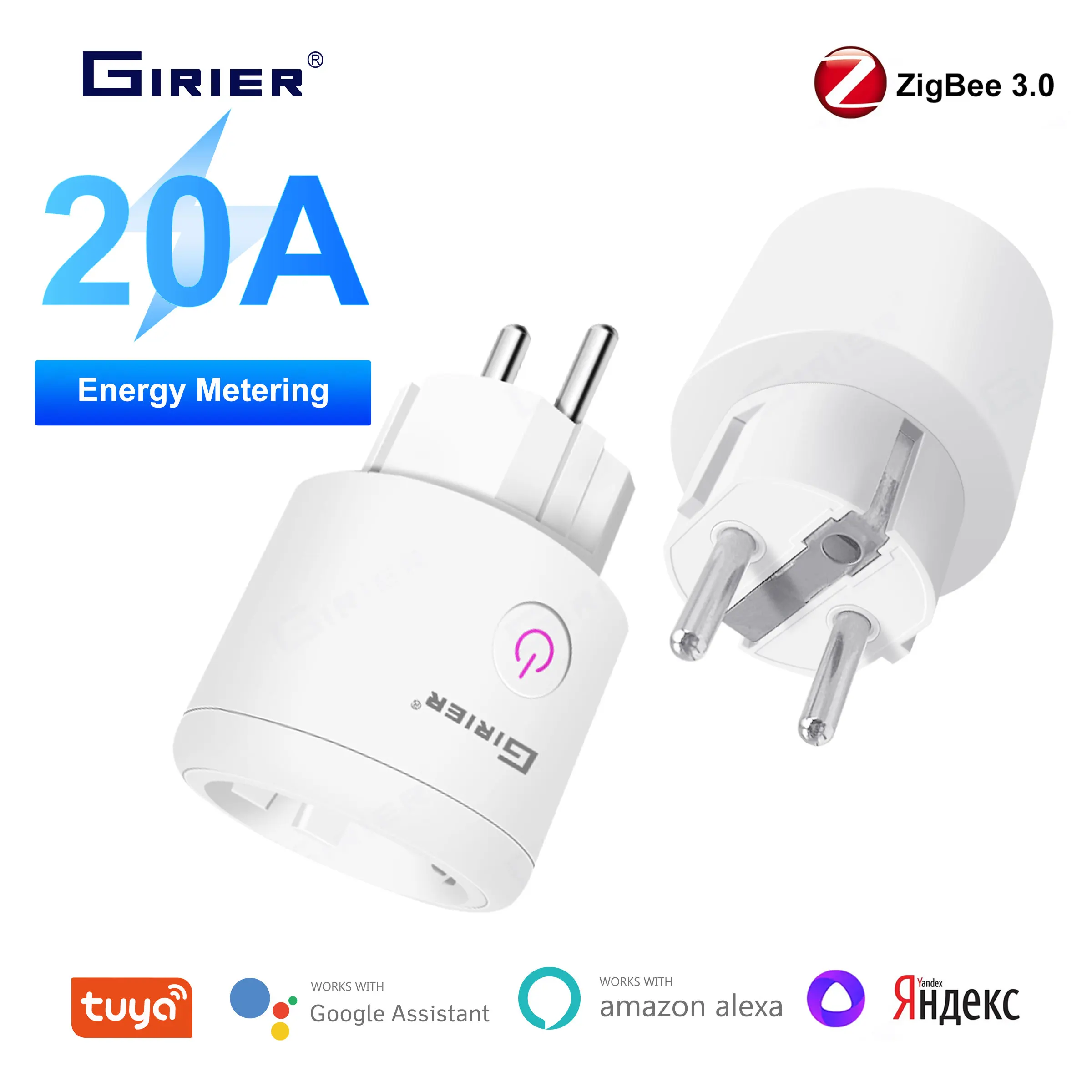 Girier Tuya Zigbee Plug 20a Tomada Inteligente ue com Função de Monitoramento de Energia Temporizador 4200w Funciona com Alexa Alice Hey Google