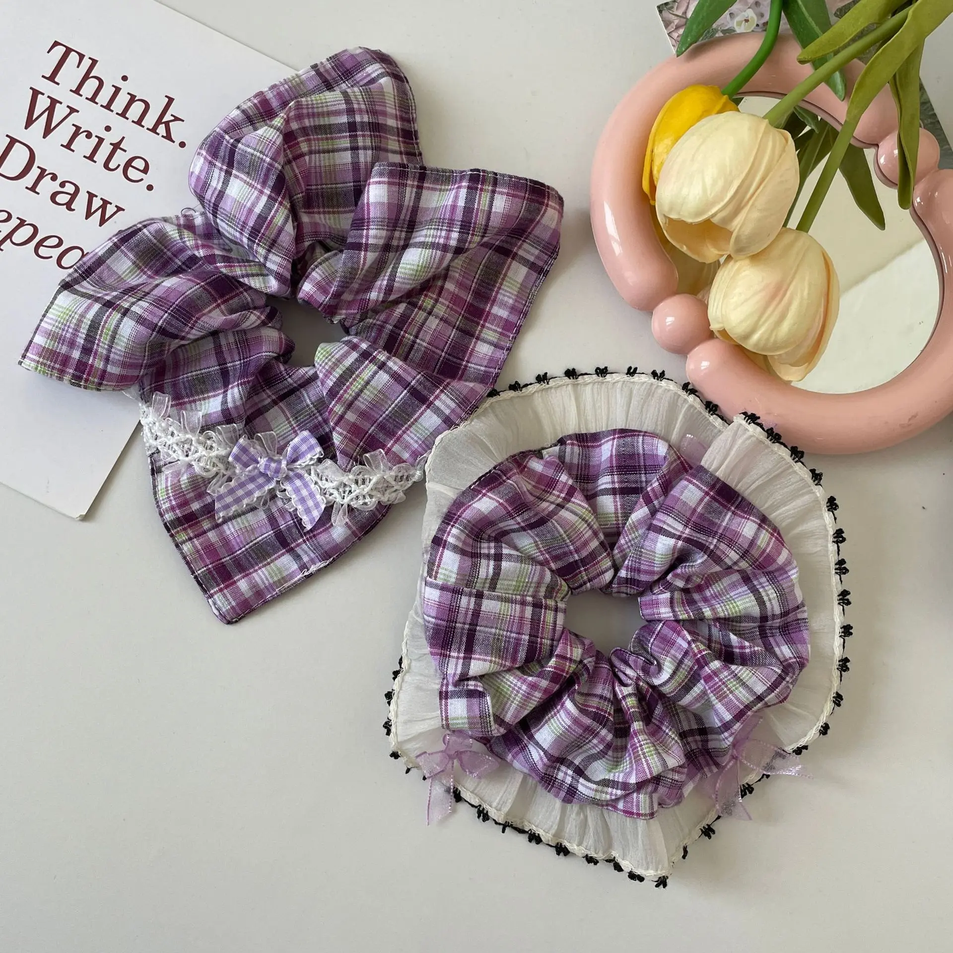 Scrunchies Koreanischer Stil Taschentuch Haarband Karierte Spitze Dickdarm Haarband Fliege Band Haarseil Haarschmuck – Detail 9