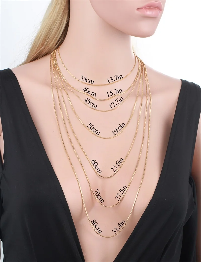35cm-80cm Width 1mm Brass with Yellow Gold Color Box Chain Necklace Chains Jewelry Necklaces Women