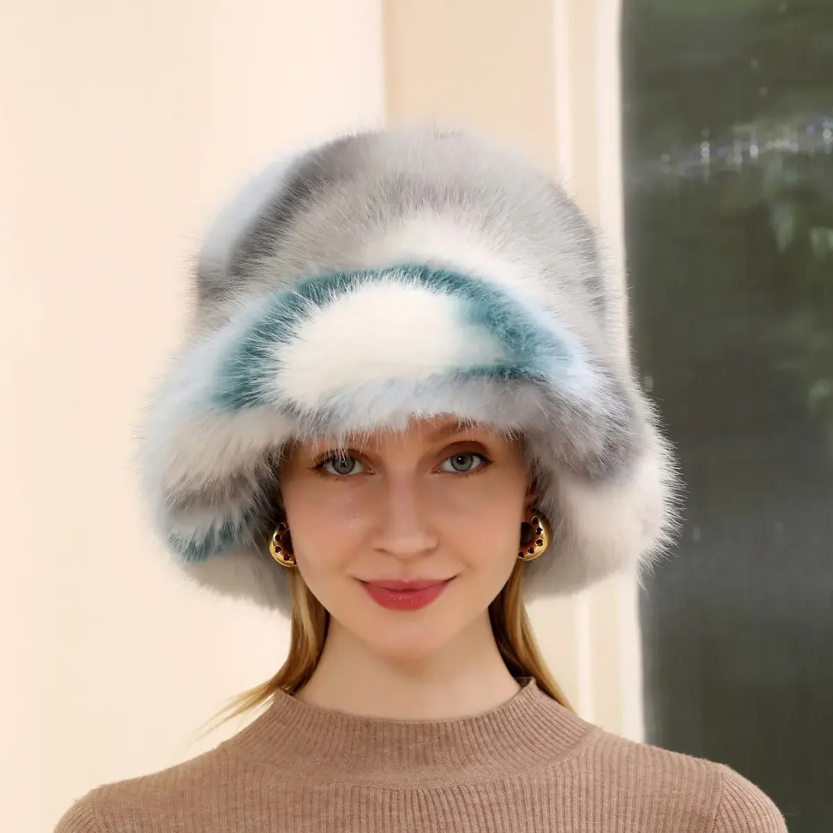 

Winter Luxury Tie-dye Plush Hat Women Warm Faux Fur Bucket Hats Outdoor Ski Vacation Fisherman Cap Big Warm Fluffy Hats 2023 New