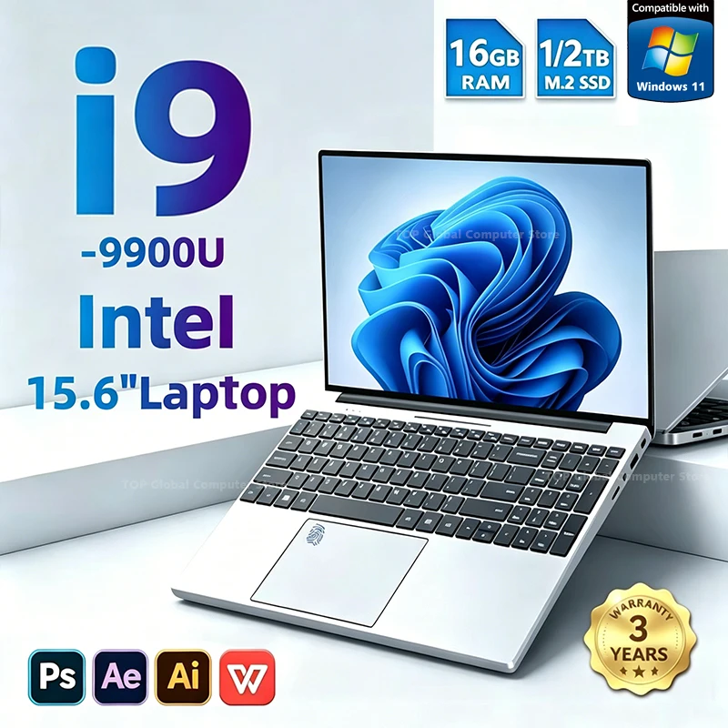2026 Gaming 15.6' Laptop Intel Core I9 9900 Computer 16GB RAM 1TB 2TB 1920*1080 Fingerprint Unlock Backlit Laptops Windows 11 1