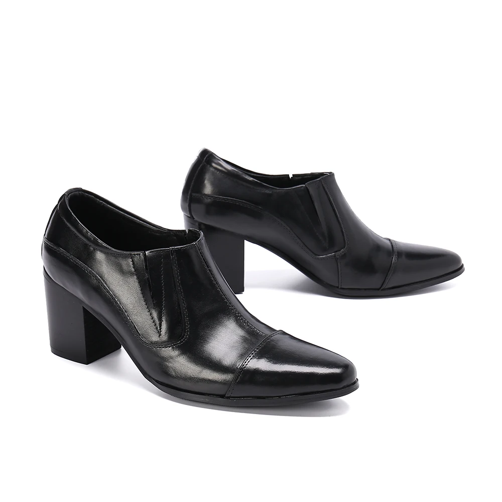Men's pointed high heels 8cm tall, black and white soft cowhide handmade casual British shoes