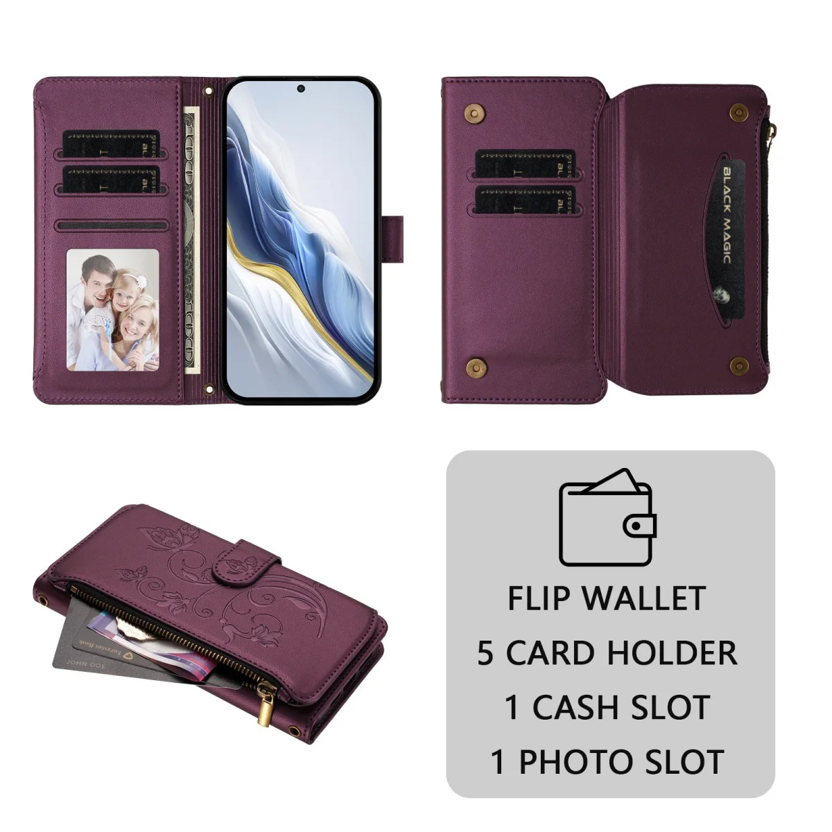 Faux Leather Zipper Wallet Phone Case with Card Holder