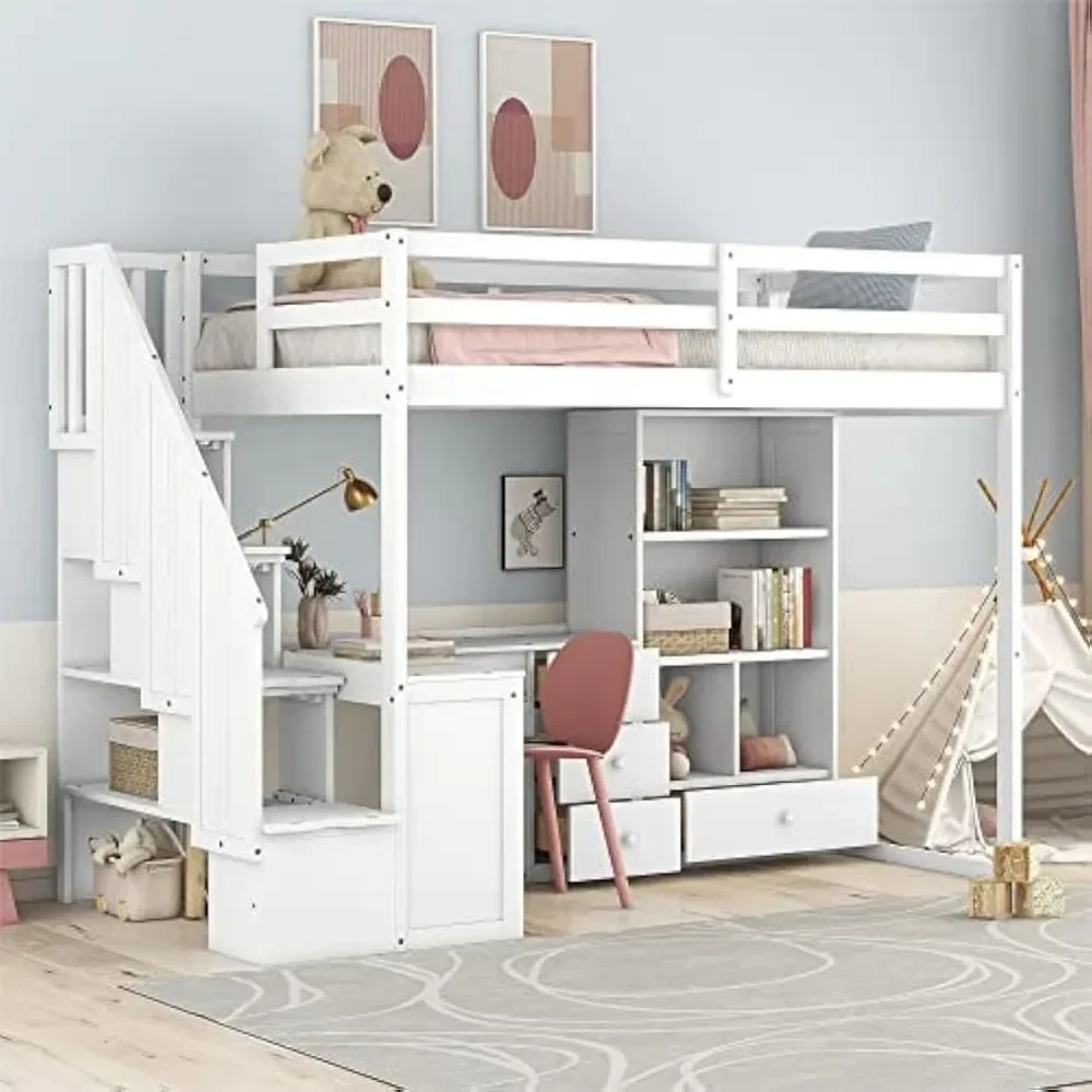 Bunk Beds Twin Loft Bed, Stairs and L-Shaped Desk, Solid Wood Loft Bed Frame with Bookcase and Storage Drawers, Loft Bed 3