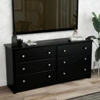 JHK 59IN Wood 6 Dresser Drawers Cabinet for Living Room Stable Structure Storage Wide Chest of Drawers Furniture For Bedroom