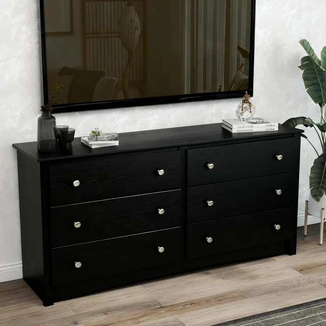 JHK 59IN Wood 6 Dresser Drawers Cabinet for Living Room Stable Structure Storage Wide Chest of Drawers Furniture For Bedroom