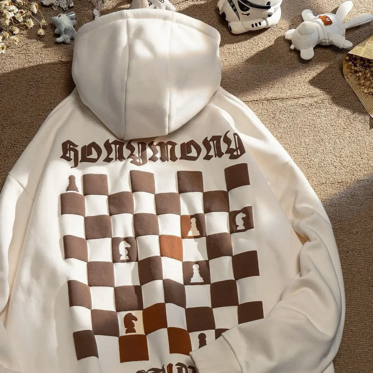 Pure Cotton Hooded Sweater Plaid Chessboard Decal Men and Women Loose High Street Jacket Couple Outfit American Style SweaterTop