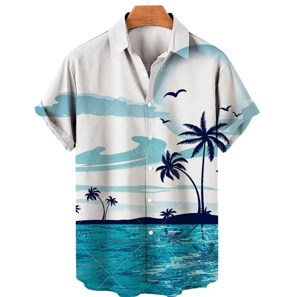 thumbnail image 1 of Camisa de manga corta con estampado 3D de árbol de coco para hombre, estilo hawaiano, para vacaciones en la playa, holgada, de talla grande, para verano de 2024, 1 of 5