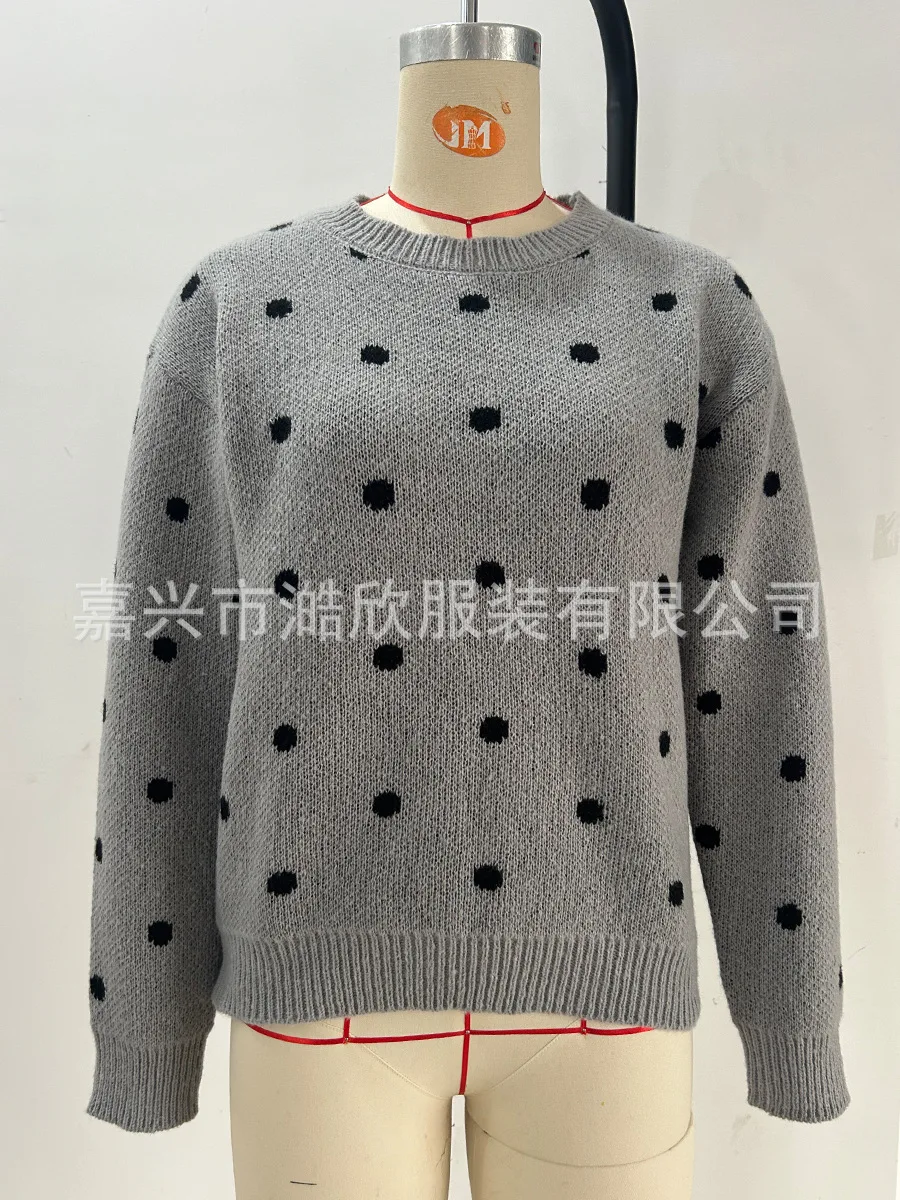 2025 Women Dots Pullover Sweaters Casual O-Neck Long Sleeve Knitting Loose Jumpers Female Warm Sweater Coat