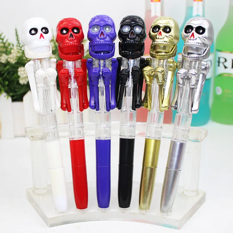 New Halloween Skull Boxing Pen Toys Creative Personality Fun Eyes Will Glow Skull Ballpoint Pen Children Decompression Toys