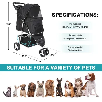 3 Wheels Travel Pet Stroller for Dogs and Cats Easy to Walk Foldable Stroller 2