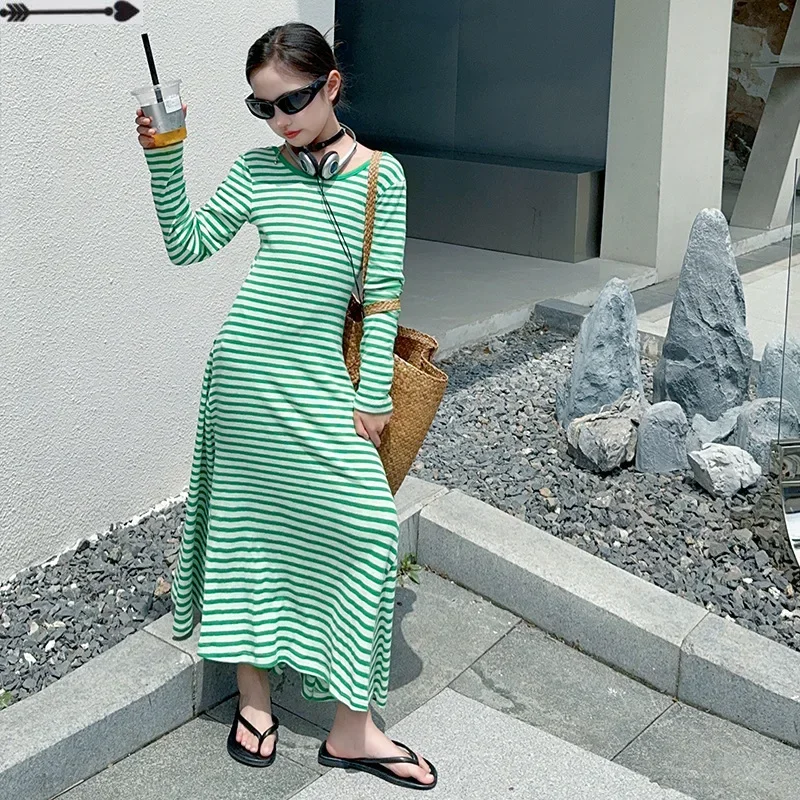 

Летние простые детские зеленые повседневные тонкие Модные полосатые платья с длинным рукавом для девочек и студентов