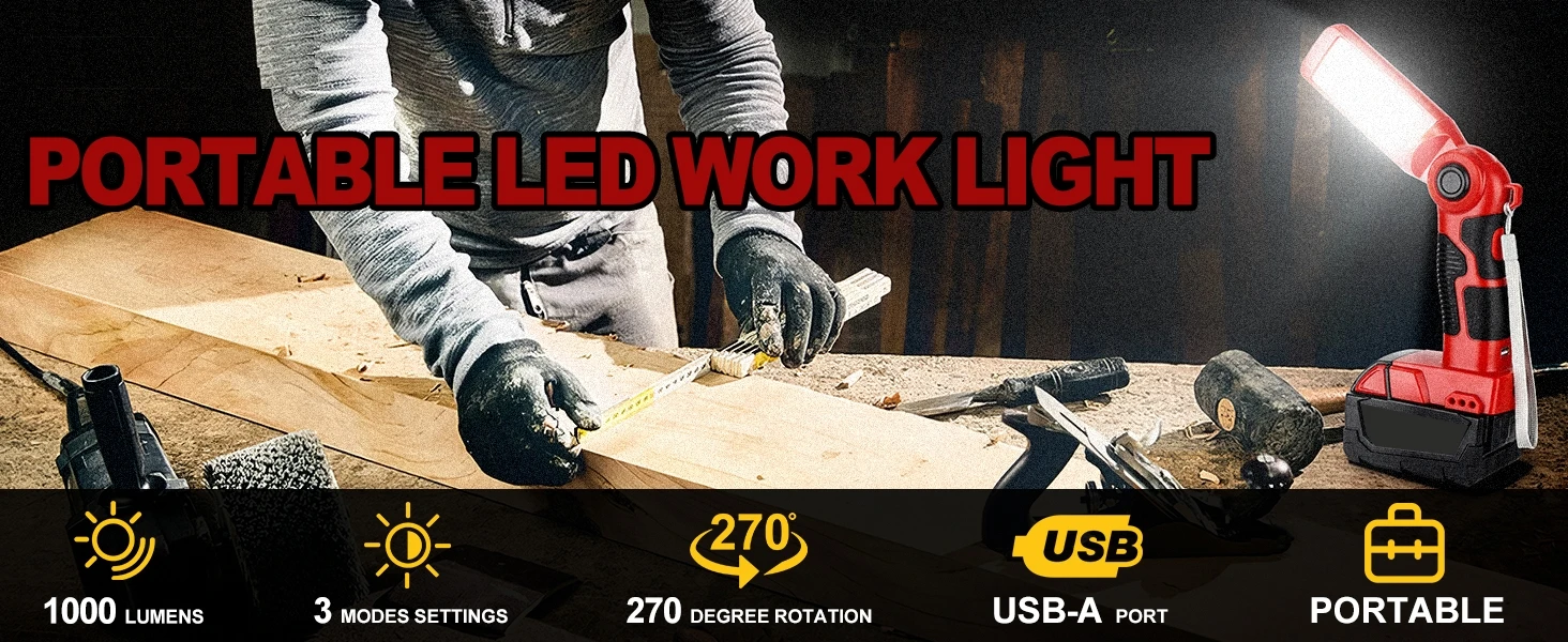 LED Work Light Torch for Milwaukee M&18 18v Battery 12W 1000LM Flashlight with U