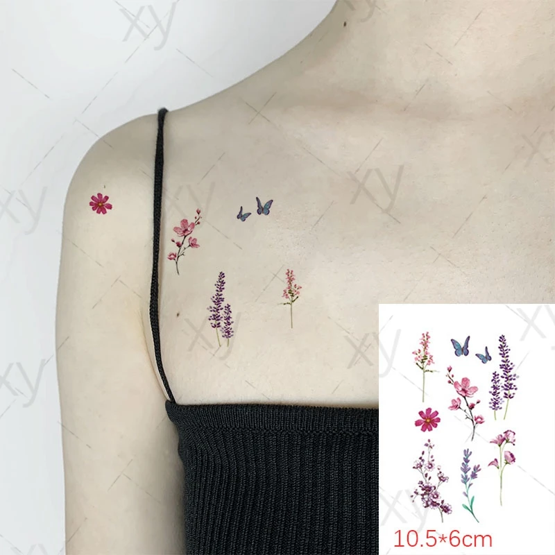 

Waterproof Temporary Tattoo Sticker Flowers Color Butterfly Lavender Fake Tatto Flash Tatoo Tatouage Neck Hand Wrist Women Men
