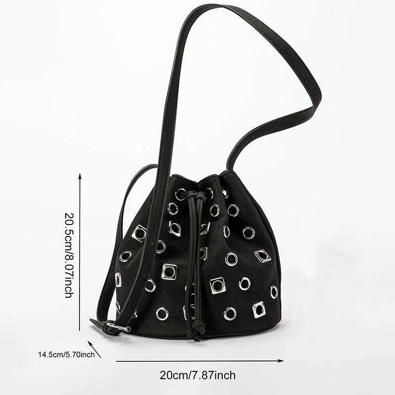 Ladies Drawstring Rivet Bag Casual And Fashion Large Capacity Bucket Bag Hollowed  Shoulder Bag Cool Girl Crossbody Bag