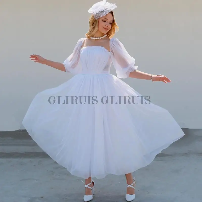 

Sexy Wedding Dresses 2022 White Puff Sleeve Bride Dress Tulle A-Line Tea Length Custom Made Civil Robe De Mariee