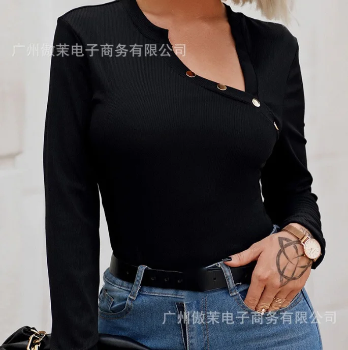 Blouse for Women Black Long Sleeve Button Decor Ribbed Top Pullover Skew Collar Sexy Fashion Casual Y2K Tops T Shirt