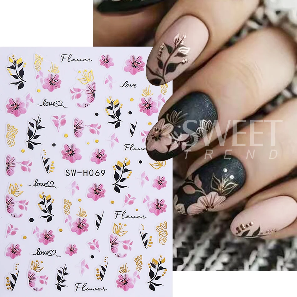 3pcs Elegant Flower Nail Stickers 3D Bronzing Rose Petals Vine Leaf Design Adhesive Nail Decals Sliders DIY Manicure Decoration