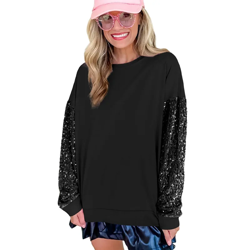2024 New Women's Sequin Patchwork Pullover Long Sleeved Simple Versatile Colorful Sweatshirts O Neck Casual Tops NASY0002