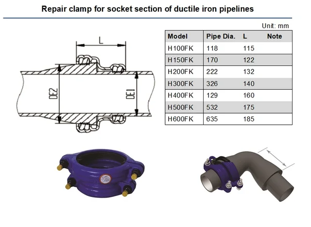 Pipe repair clamps / sleeves / encapsulation collar /coupling /adapter /  adaptor for leaking bell joint of DI water pipeline