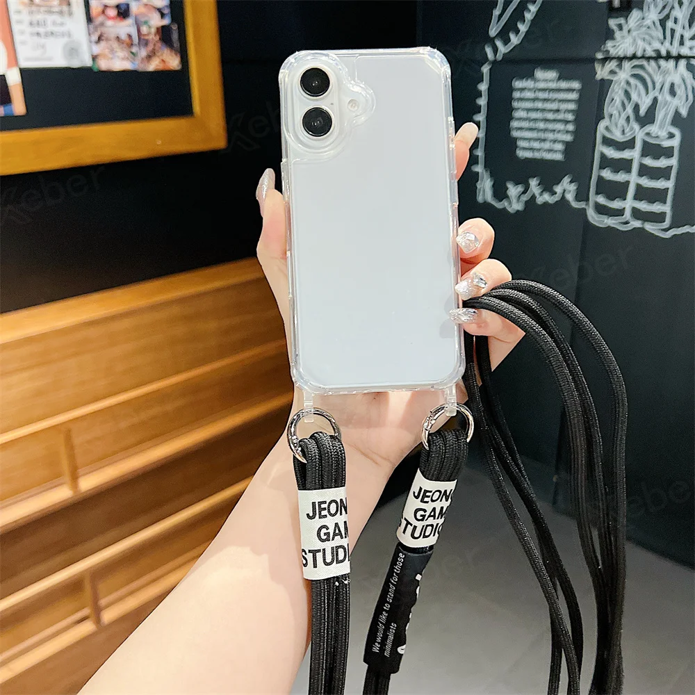 Étui de téléphone transparent avec lanière et collier en bandoulière pour iPhone 15 16 14 Pro Max 14 13 12 11, housse de protection antichoc à coussin d'air_voghion.com