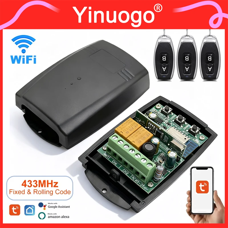 Elektrische poortopener Tuya WIFI Garagedeuropener Poort Ontvanger 2ch 433 mhz 433.92 mhz Universele Vaste Rolling Code Multi Merk Controller Schakelaar Duurzaam en veilig (Color : AC 85-250V WIFI X1