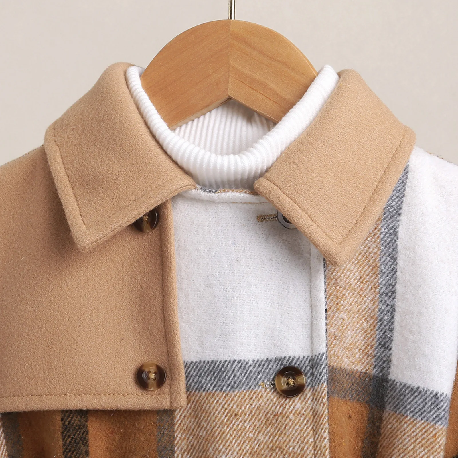 Autumn Winter Kids Girls Wools Jacket Long Sleeve Turn-down Collar Button Waist Belt Fashion Closure Plaid Patchwork Coats