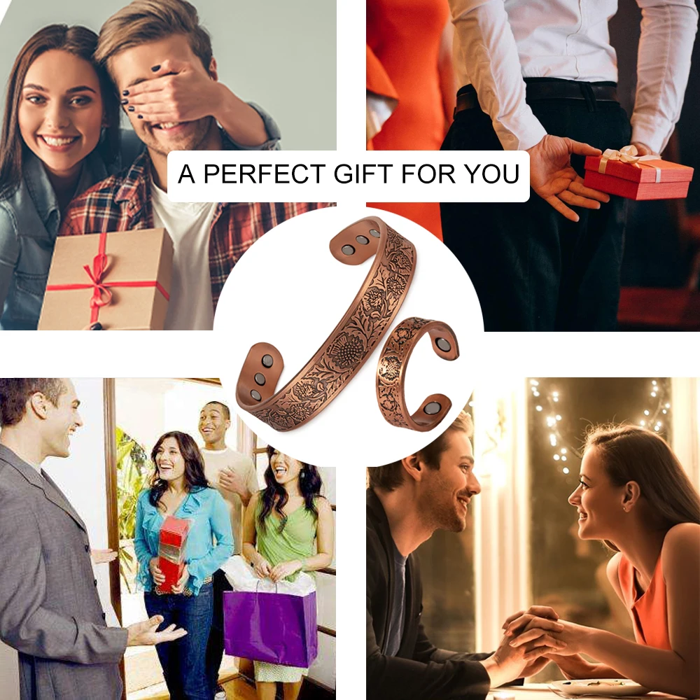 Meathly Magnetic Pure Copper Jewelry-Set Chrysanthemum Adjustable Bracelet Ring Resizable Health Arthritis Jewelry Set for Women Men_voghion.com