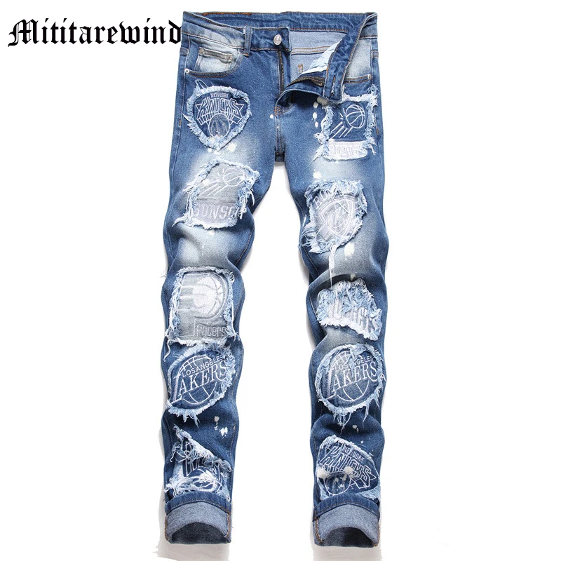 

Men's New Jeans Spring And Autumn Full Length Embroidery High Street Light Blue Denim Pants Casual Trousers Hip Hop Vintage