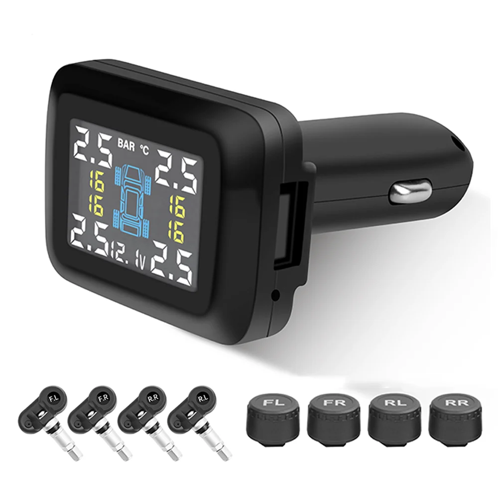 Car TPMS Cigarette Lighter Tire Pressure Monitoring System Alarm Tyre Air Pressure Meter Gauge Temperature Warning 4 Sensor