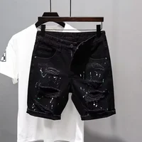 Summer Washed Ripped Thin Denim Shorts Men's Black Versatile Trendy Five-Quarter Length Straight Fit Youthful Casual Shorts