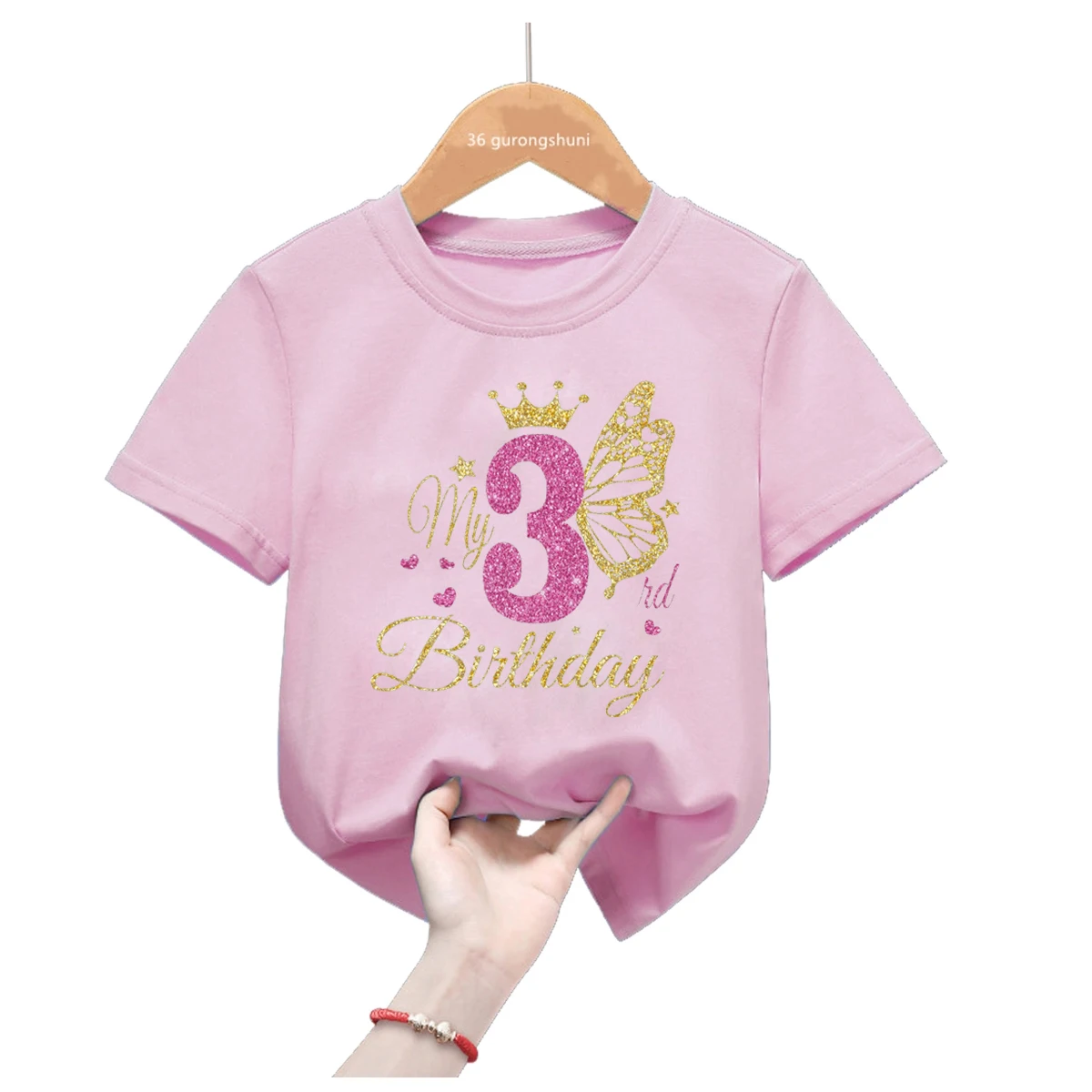 Customized Name Tshirt It's My 1-11th Happy Birthday Princess Golden Butterfly T-Shirt Girls Gift Kids Clothes Short Sleeve 3