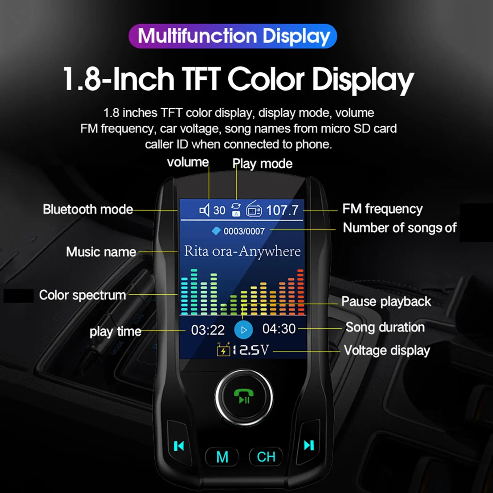 Bluetooth 5.0 Car FM Transmitter Radio 5V Car Adapter MP3 Player w/ 1.8 Inch Color Display 2 Port USB Charge w/Mic