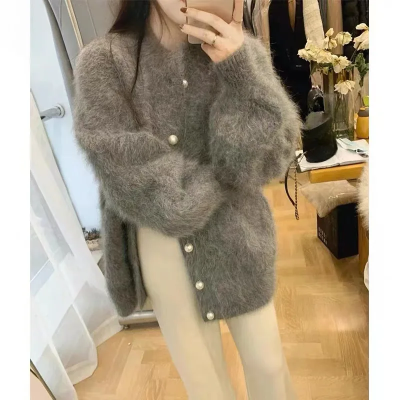 

2023 Autumn New Korea Fluffy Mink Cashmere Solid Sweater Cardigans Women Pearl Buttons Loose O Neck Midi Fashion Lazy Chic Coat