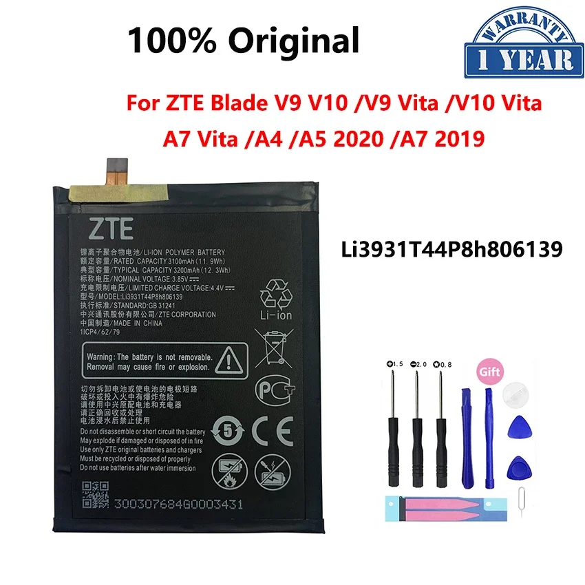 

100% Original 3200mAh Li3931T44P8h806139 Battery For ZTE Blade V9 V10 /V9 Vita /V10 Vita /A7 Vita /A4 /A5 2020 /A7 2019 Bateria