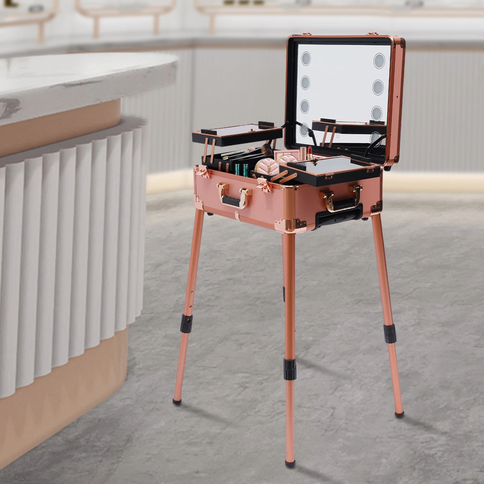 Professioneller Make-up-Koffer 3-stöckig 50kg Kapazität 8 LED-Lichter 3-stufig dimmbar Salon-Rollkoffer für Make-up-Künstler Friseur Nageltechniker Schönheit Rosa/Schwarz – Detail 29