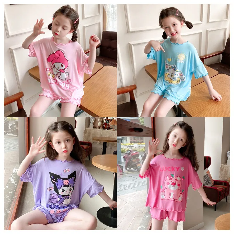 

Милый детский тонкий пижамный комплект из аниме My Melody Kuromi Cinnamoroll, милые шорты с коротким рукавом, Свободная Домашняя одежда, детская одежда