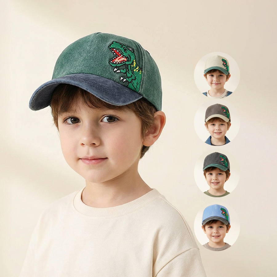 Children's baseball caps - boys and girls, plaid cotton floppy baseball caps, trendy kids' small dinosaur sun protection hats