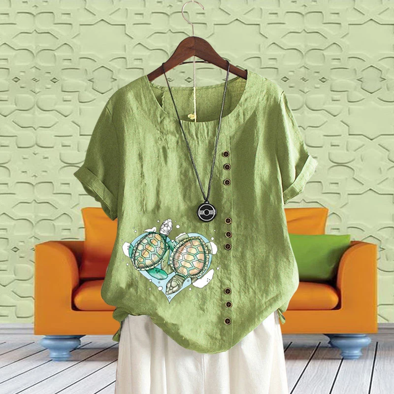 

Leisure Ladies Tops Cute Cartoon Turtle Graphic Loose Blouse Retro Round Neck Linen Short Sleeve Shirt XS-5XL