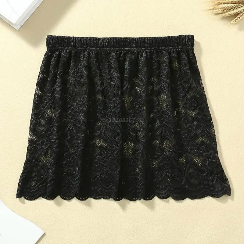 Women Sweet Floral Lace Layering Faux Mini Skirt Pleated A-Line Flare Fake Hem Shirt Extender Half-Length Splitting Slips Unders