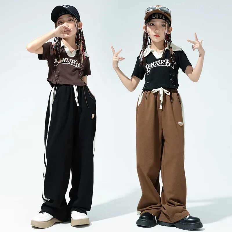 

Girls Hip Hop Jazz Clothes Sets Short Sleeve Letter T-shirt Top + Sports Pants Teen Street Dance Costumes Kids Performance Suits