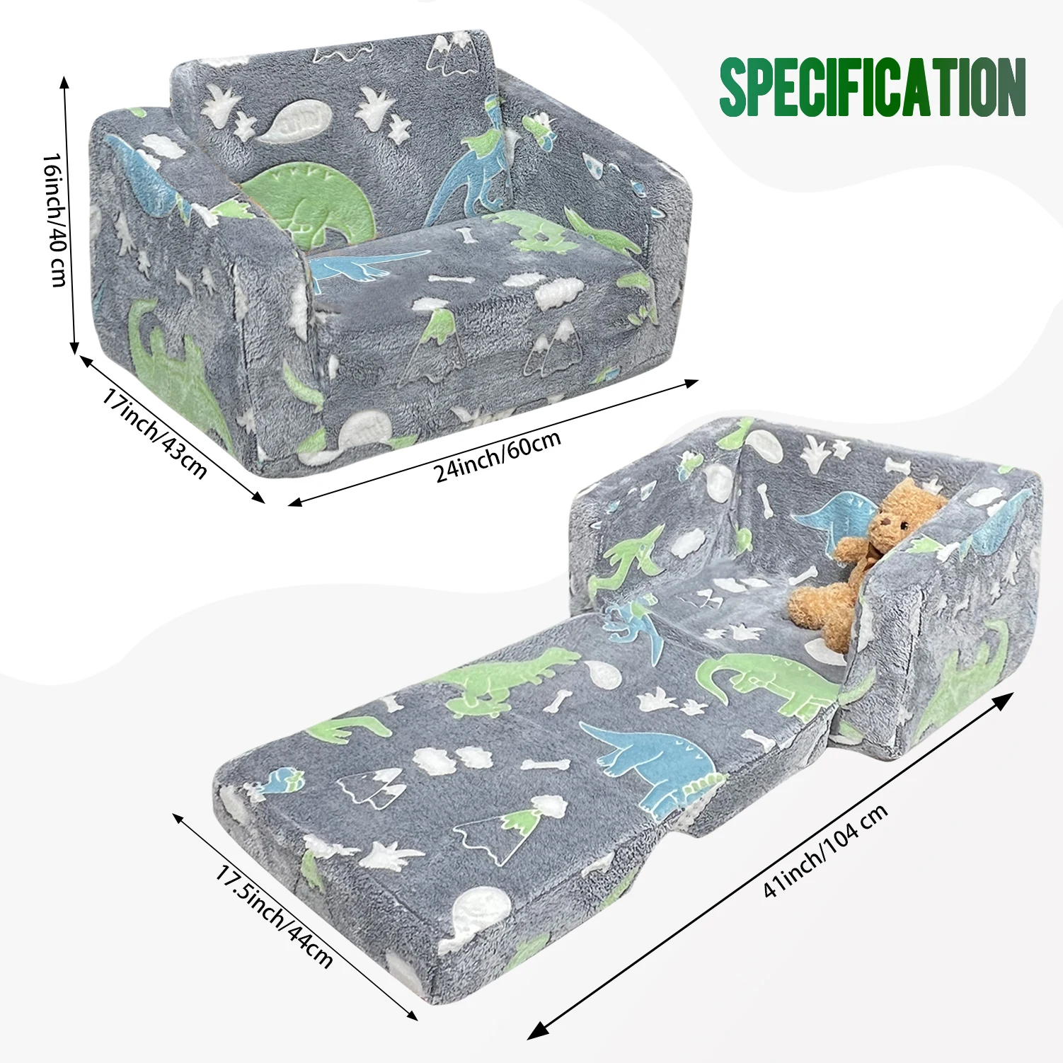 Kids Couch Fold Out, Flip Out Kids Sofa Chair, Foldable Toddler Couch for Girls Boys, Children Convertible Sofa for Playroom